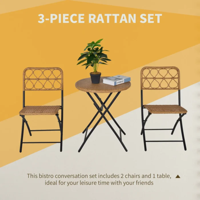 Outsunny 3 PCS Rattan Wicker Folding Bistro Set - Hand Woven Chairs & Coffee Table for Garden, Balcony, Pool & Lawn - Stylish Natural Outdoor Furniture - Image 4