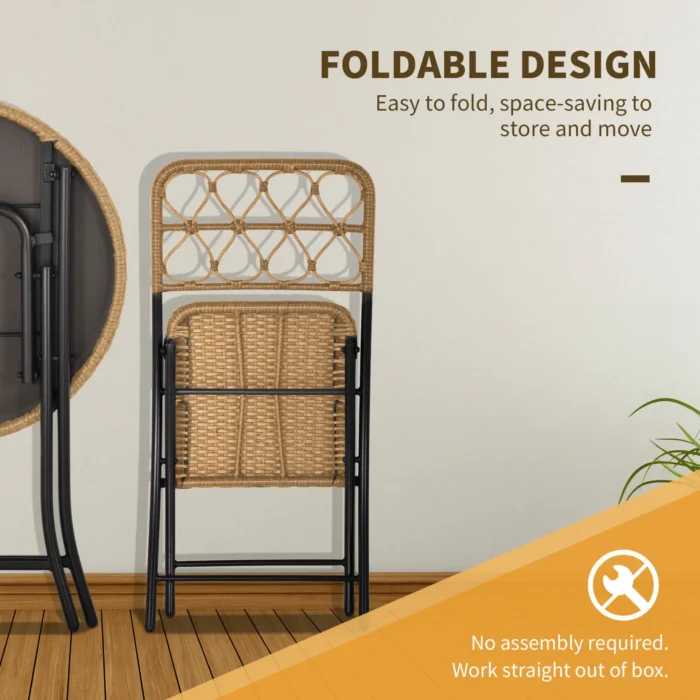 Outsunny 3 PCS Rattan Wicker Folding Bistro Set - Hand Woven Chairs & Coffee Table for Garden, Balcony, Pool & Lawn - Stylish Natural Outdoor Furniture - Image 5