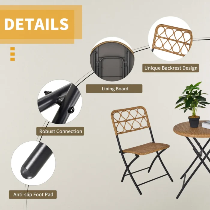 Outsunny 3 PCS Rattan Wicker Folding Bistro Set - Hand Woven Chairs & Coffee Table for Garden, Balcony, Pool & Lawn - Stylish Natural Outdoor Furniture - Image 6