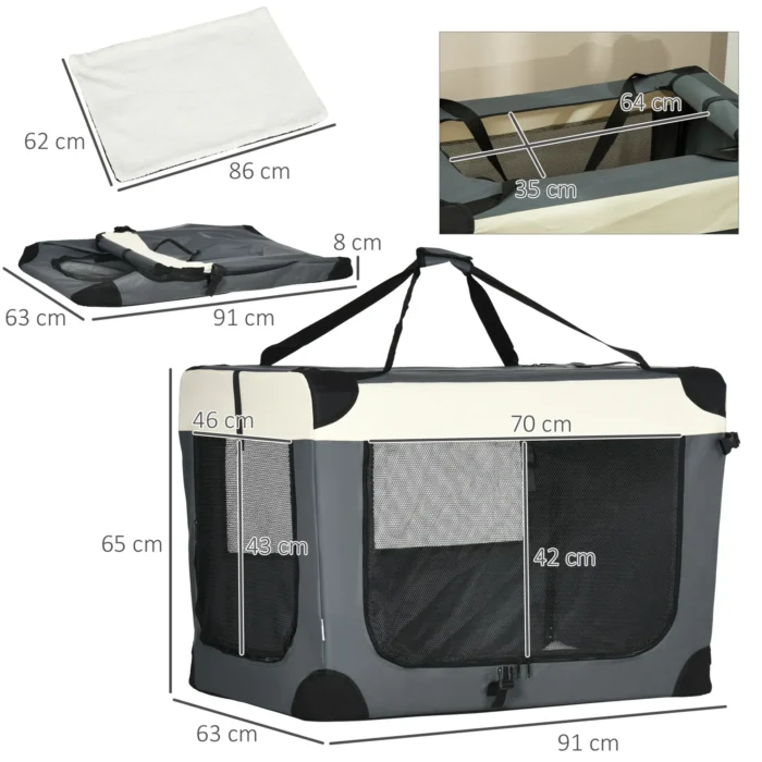 PawHut 91cm Foldable Pet Carrier Cat Bag - Portable & Comfortable Carrier for Cats and Large Dogs - Grey - Image 3