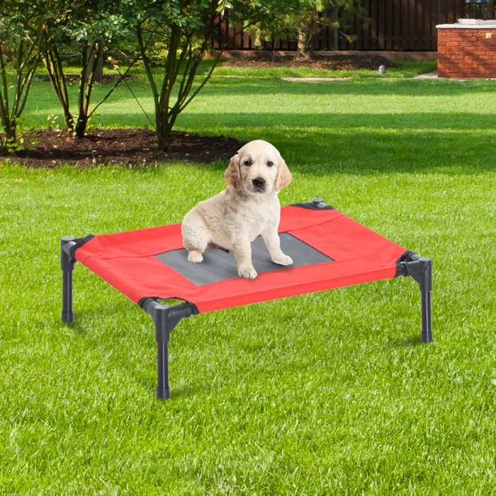 PawHut Raised Dog Bed - Elevated, Portable, Metal Frame, Black/Red, Small - Image 2