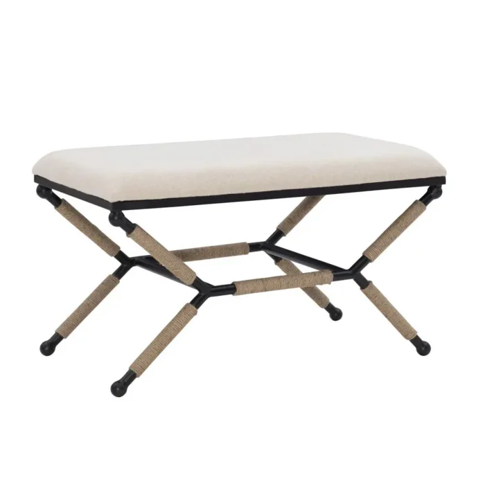 Ashburn Campaign Bench Linen - Boho Inspired Accent Bench with Comfortable Seating, Sturdy Metal Legs, Beige Upholstery - Image 1