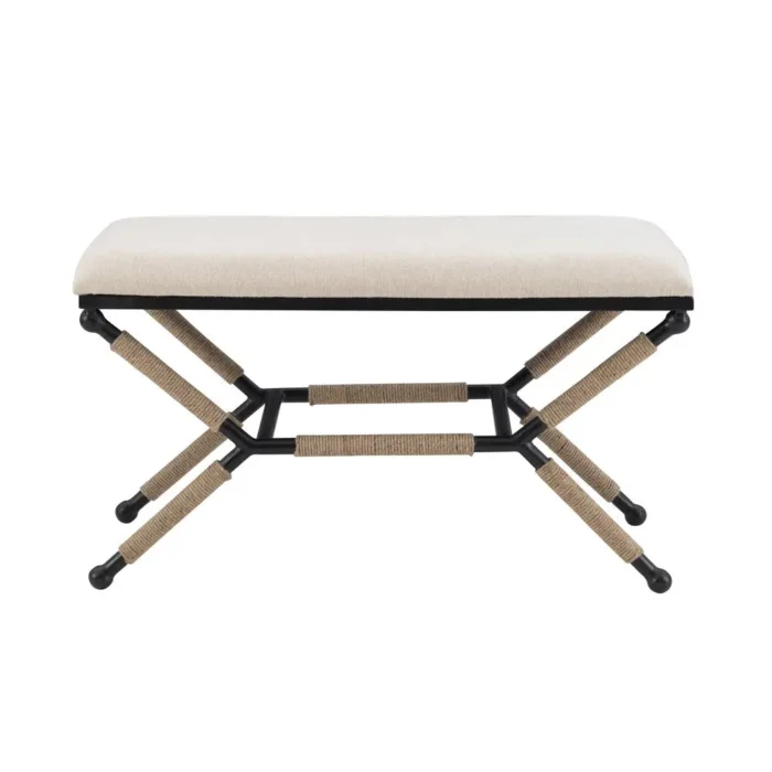 Ashburn Campaign Bench Linen - Boho Inspired Accent Bench with Comfortable Seating, Sturdy Metal Legs, Beige Upholstery - Image 2