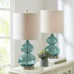 Ellipse Table Lamp Set Of 2 - Elegant Blue Glass Base with White Drum Shade