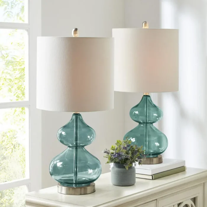 Ellipse Table Lamp Set Of 2 - Elegant Blue Glass Base with White Drum Shade - Image 1