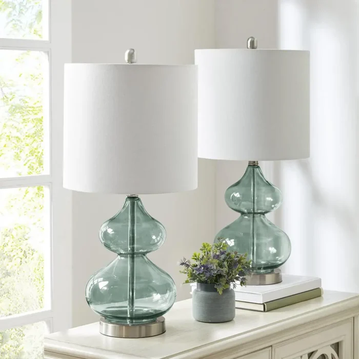 Ellipse Table Lamp Set Of 2 - Elegant Blue Glass Base with White Drum Shade - Image 2