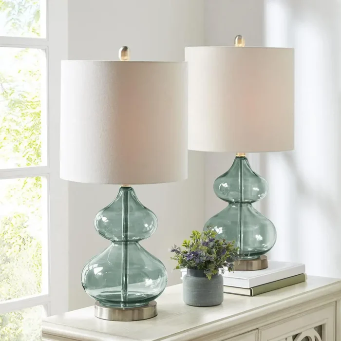 Ellipse Table Lamp Set Of 2 - Elegant Blue Glass Base with White Drum Shade - Image 3