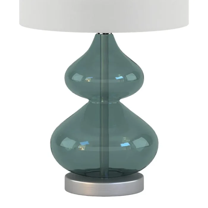 Ellipse Table Lamp Set Of 2 - Elegant Blue Glass Base with White Drum Shade - Image 5