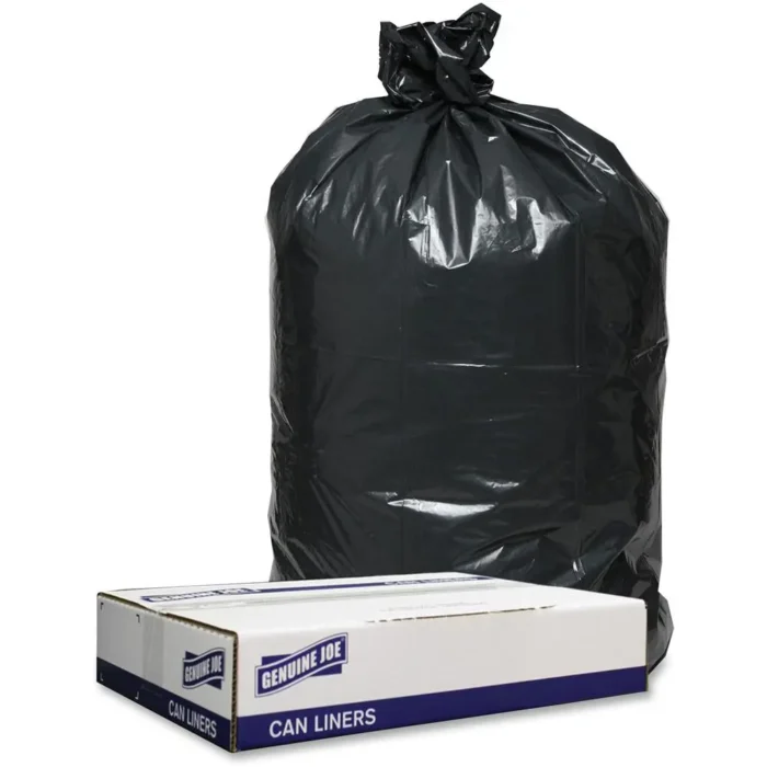 Genuine Joe Low Density Black Can Liners - 60 Gallon Capacity, Heavy-Duty, Recycled Material - 100/Carton - Image 1