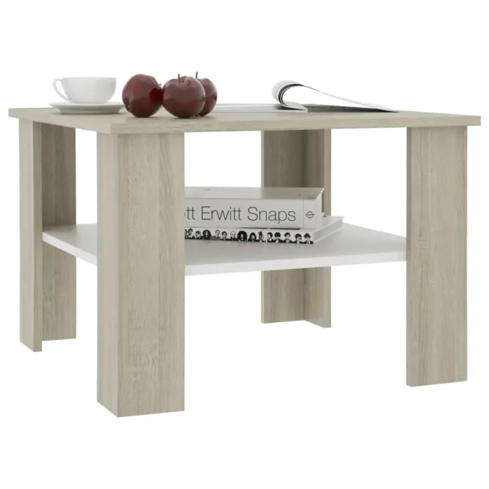 vidaXL Modern White and Sonoma Oak Coffee Table with Storage Shelf - Engineered Wood, 23.6" x 23.6" x 16.5" - Image 3