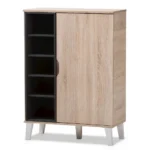 Baxton Studio Adelina Mid-Century Modern Oak & Grey Shoe Cabinet - 1-Door, 10 Shelves, Stylish Storage Solution