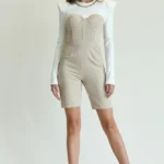 Ena - Ribbed Knit Top & Stretch Linen Effect Bodice Romper with Power Shoulders