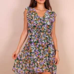 Elegant Black and Purple Floral Frill Mini Dress - Perfect Summer Outfit