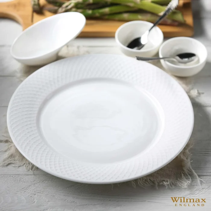 Elegant White Dinner Plate with Embossed Wide Rim | 10" Inch Fine Porcelain Plate by Wilmax Perfect for Special Occasions - Image 18