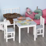HOMCOM 3-Piece Kids Table and Chair Set - Grey Toddler Preschool Desk for Study, Rest, and Snack Time