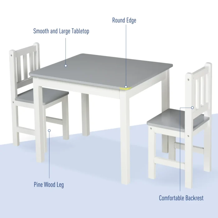 HOMCOM 3-Piece Kids Table and Chair Set - Grey Toddler Preschool Desk for Study, Rest, and Snack Time - Image 3