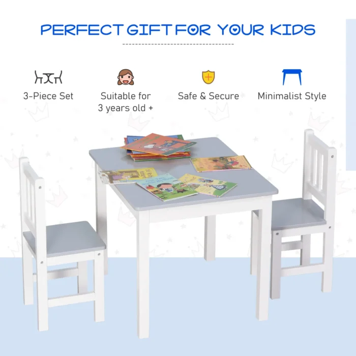 HOMCOM 3-Piece Kids Table and Chair Set - Grey Toddler Preschool Desk for Study, Rest, and Snack Time - Image 5