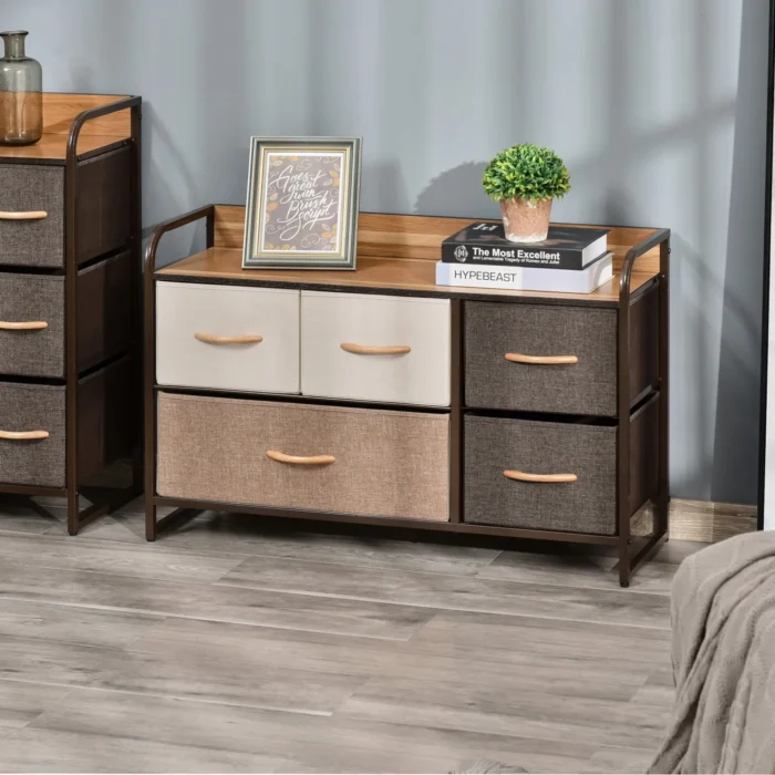 HOMCOM 5-Drawer Dresser - Modern Linen Fabric Chest with Steel Frame & Wooden Top for Bedroom, Hallway, and Entryway Storage - Image 1