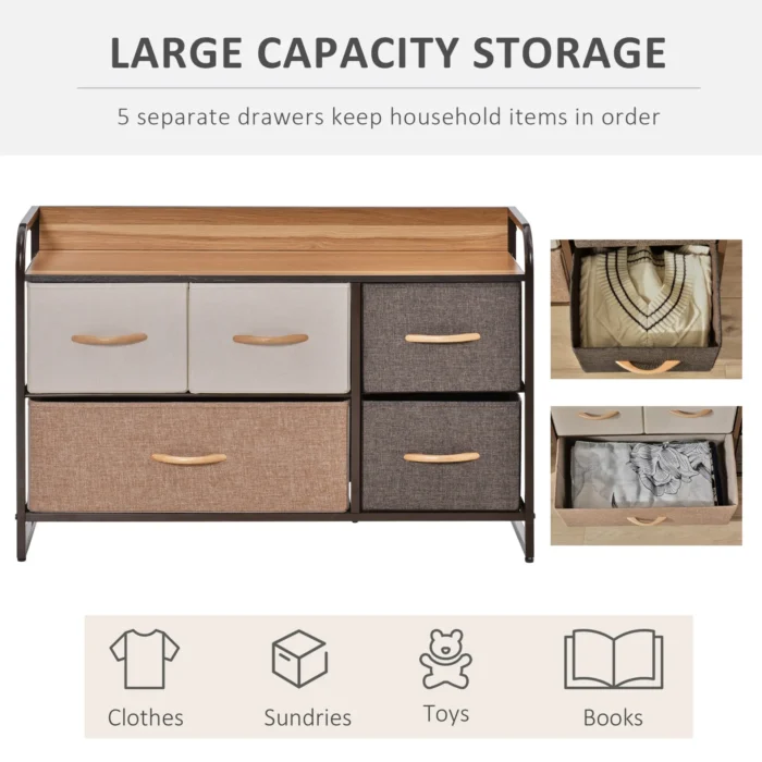 HOMCOM 5-Drawer Dresser - Modern Linen Fabric Chest with Steel Frame & Wooden Top for Bedroom, Hallway, and Entryway Storage - Image 4