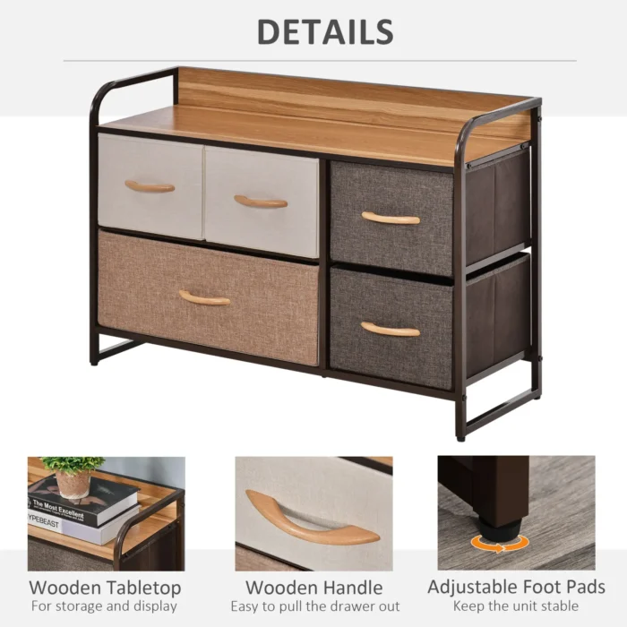 HOMCOM 5-Drawer Dresser - Modern Linen Fabric Chest with Steel Frame & Wooden Top for Bedroom, Hallway, and Entryway Storage - Image 5
