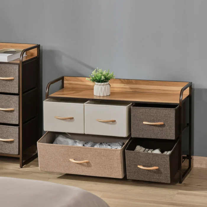 HOMCOM 5-Drawer Dresser - Modern Linen Fabric Chest with Steel Frame & Wooden Top for Bedroom, Hallway, and Entryway Storage - Image 6