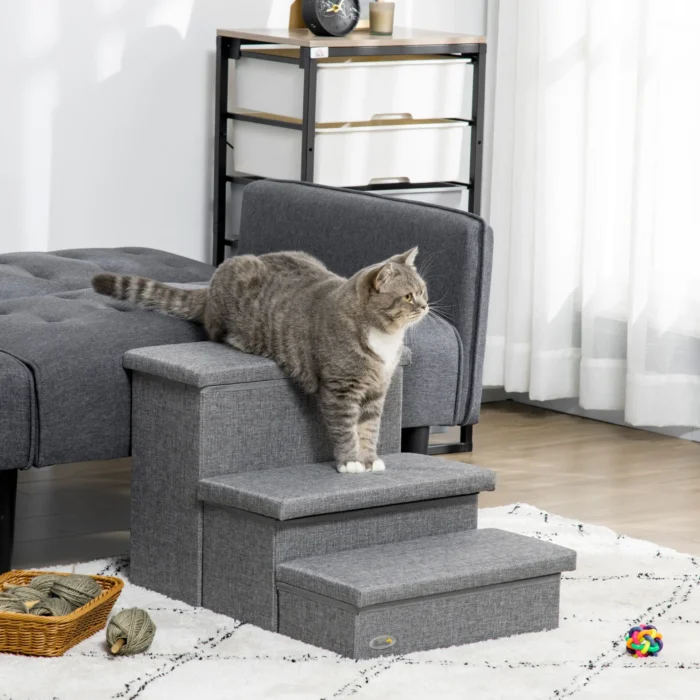 PawHut 3 Step Dog Steps with Storage Boxes - Cat Stairs for Bed, Pet Ladder for Couch, Sofa - Light Grey - Image 1