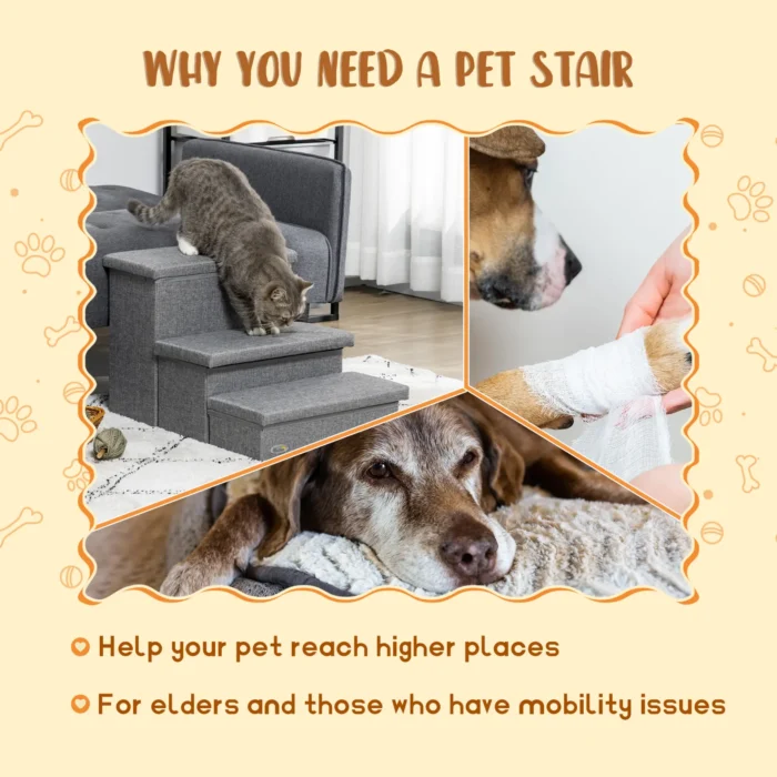 PawHut 3 Step Dog Steps with Storage Boxes - Cat Stairs for Bed, Pet Ladder for Couch, Sofa - Light Grey - Image 3