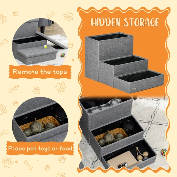 PawHut 3 Step Dog Steps with Storage Boxes - Cat Stairs for Bed, Pet Ladder for Couch, Sofa - Light Grey - Image 4