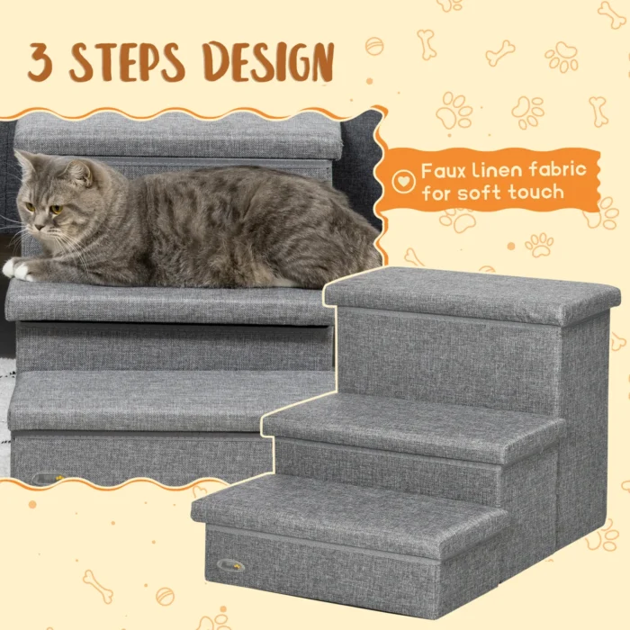 PawHut 3 Step Dog Steps with Storage Boxes - Cat Stairs for Bed, Pet Ladder for Couch, Sofa - Light Grey - Image 5