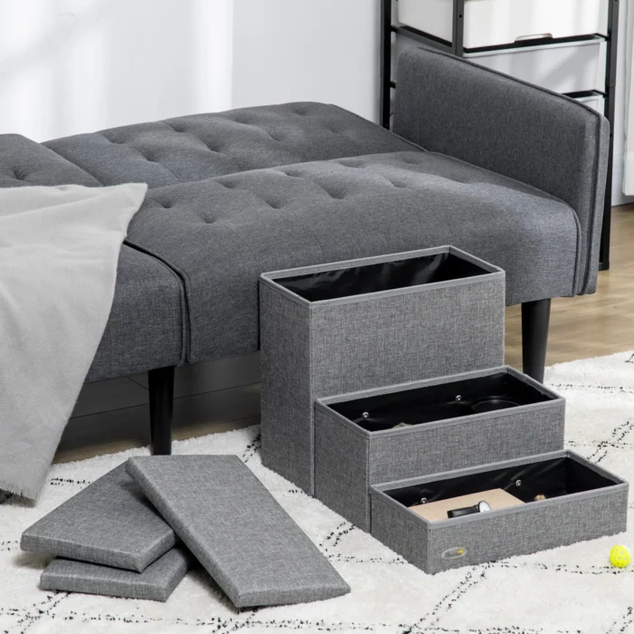 PawHut 3 Step Dog Steps with Storage Boxes - Cat Stairs for Bed, Pet Ladder for Couch, Sofa - Light Grey - Image 6