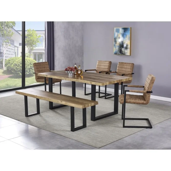 Bazely Industrial Chic Oak Wood Dining Bench with Black Metal Base - Rustic & Durable Seating - Image 2