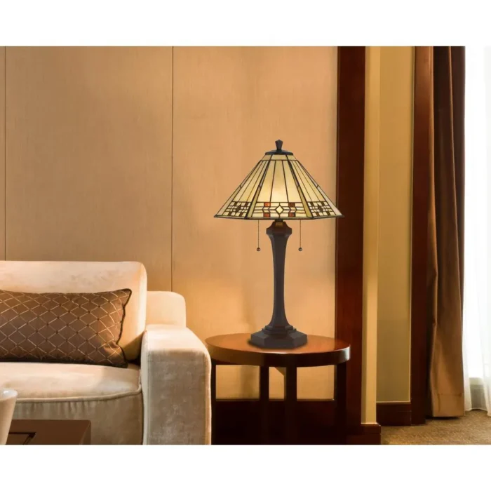 Elegant 60W x 2 Tiffany Table Lamp - Stained Glass Shade & Double Socket Design - Image 2