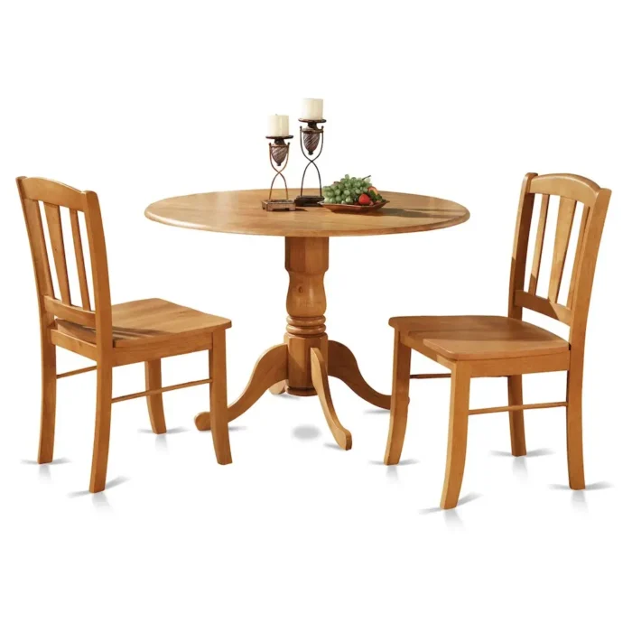 3 Pc Kitchen Table Set - Oak Dining Nook with 2 Chairs - Compact Drop Leaf Round Table for Small Spaces - Image 1
