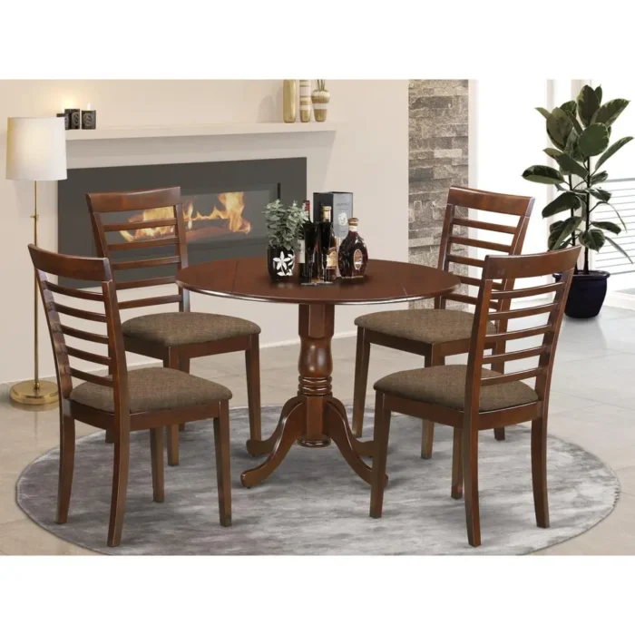 Elegant Mahogany 5-Piece Kitchen Table Set | Round Dining Table & 4 Linen Chairs - Image 2