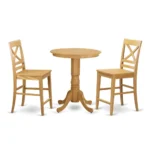 Stylish 3 Piece Counter Height Pub Set - Solid Wood High Table & 2 Oak Finish Kitchen Chairs