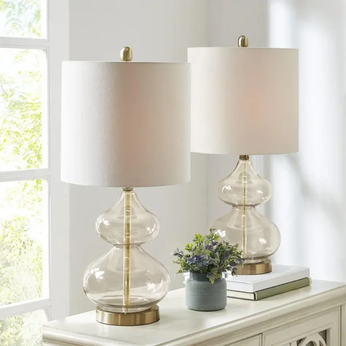 Ellipse Table Lamp Set Of 2 - Elegant Blue Glass Base with White Drum Shade - Image 6