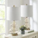 Ellipse Table Lamp Set Of 2 - Elegant Blue Glass Base with White Drum Shade - Image 7