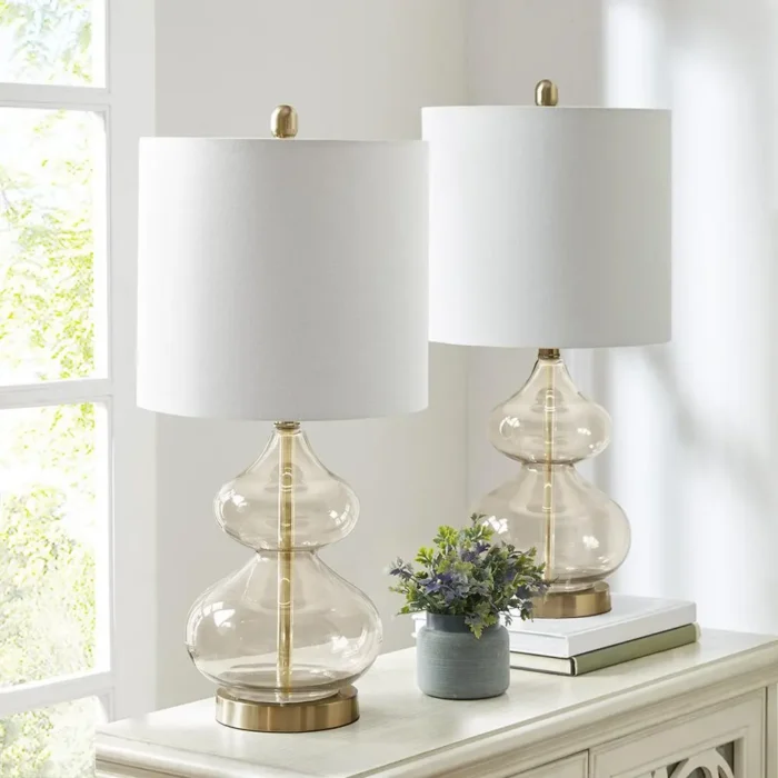 Ellipse Table Lamp Set Of 2 - Elegant Blue Glass Base with White Drum Shade - Image 7