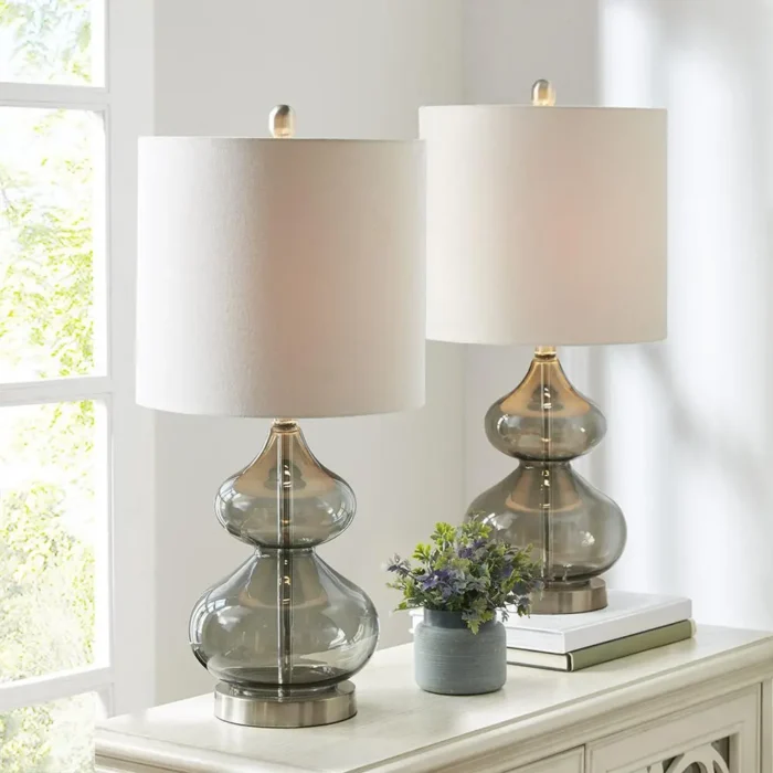 Ellipse Table Lamp Set Of 2 - Elegant Blue Glass Base with White Drum Shade - Image 11