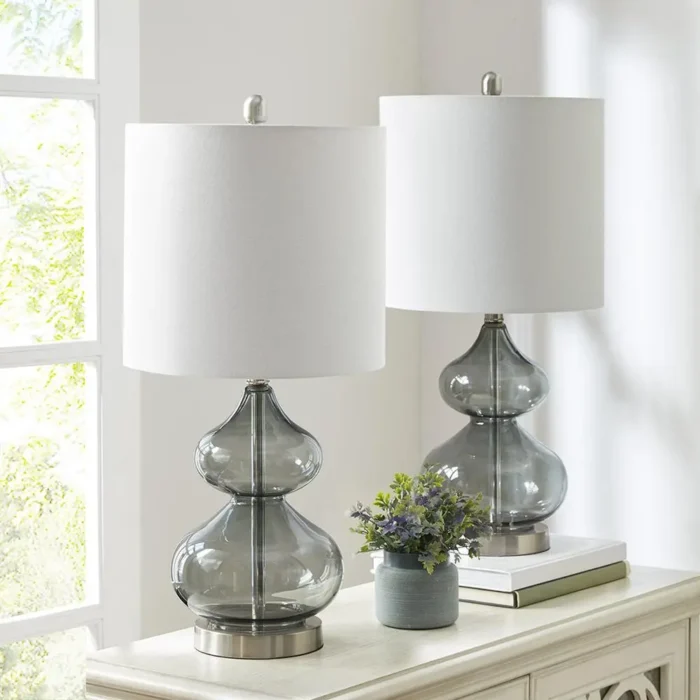 Ellipse Table Lamp Set Of 2 - Elegant Blue Glass Base with White Drum Shade - Image 12