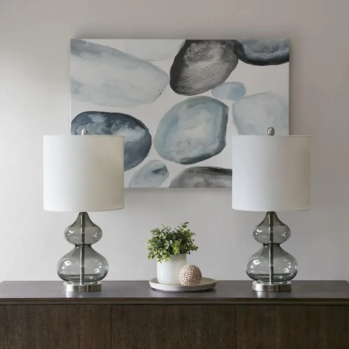 Ellipse Table Lamp Set Of 2 - Elegant Blue Glass Base with White Drum Shade - Image 13