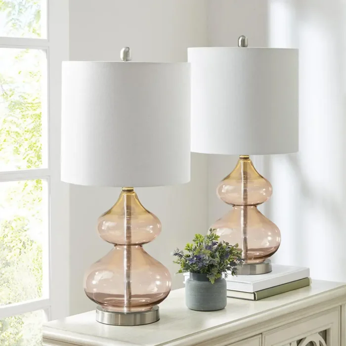 Ellipse Table Lamp Set Of 2 - Elegant Blue Glass Base with White Drum Shade - Image 16