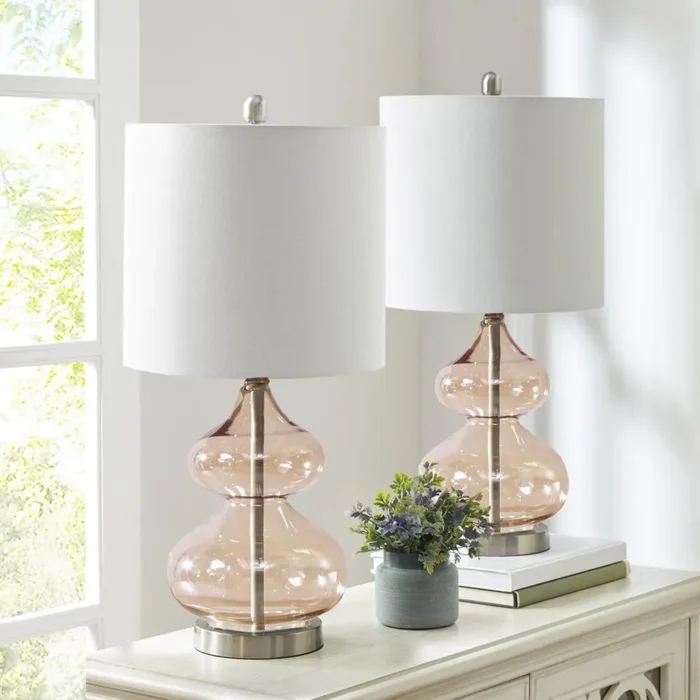 Ellipse Table Lamp Set Of 2 - Elegant Blue Glass Base with White Drum Shade - Image 17