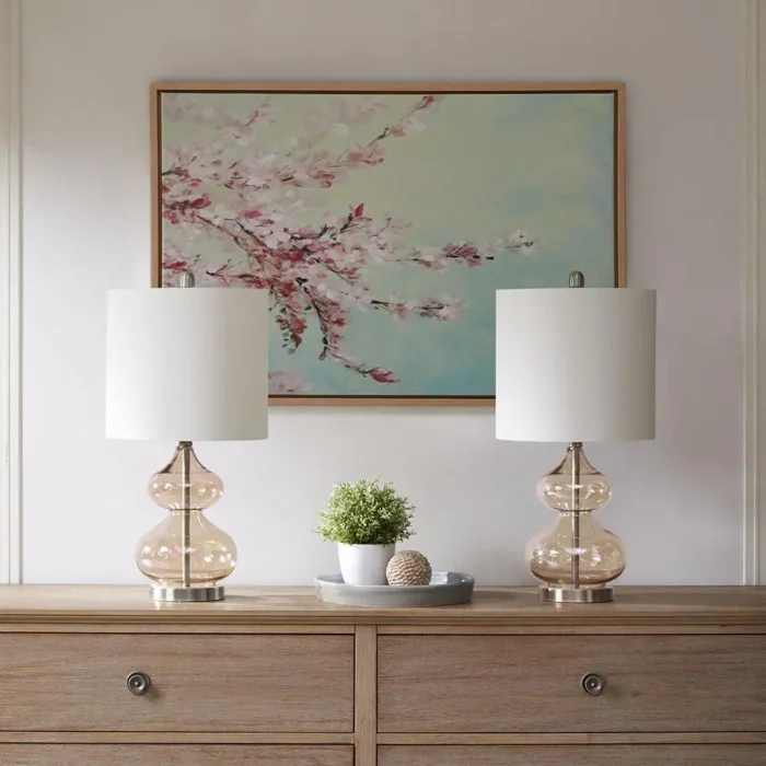 Ellipse Table Lamp Set Of 2 - Elegant Blue Glass Base with White Drum Shade - Image 18