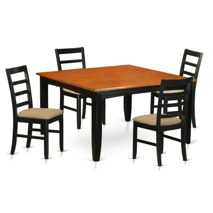 Elegant 5 Pc Dining Set - Square Table with Leaf and 4 Cushioned Chairs in Dark Black & Cherry Finish - Image 1