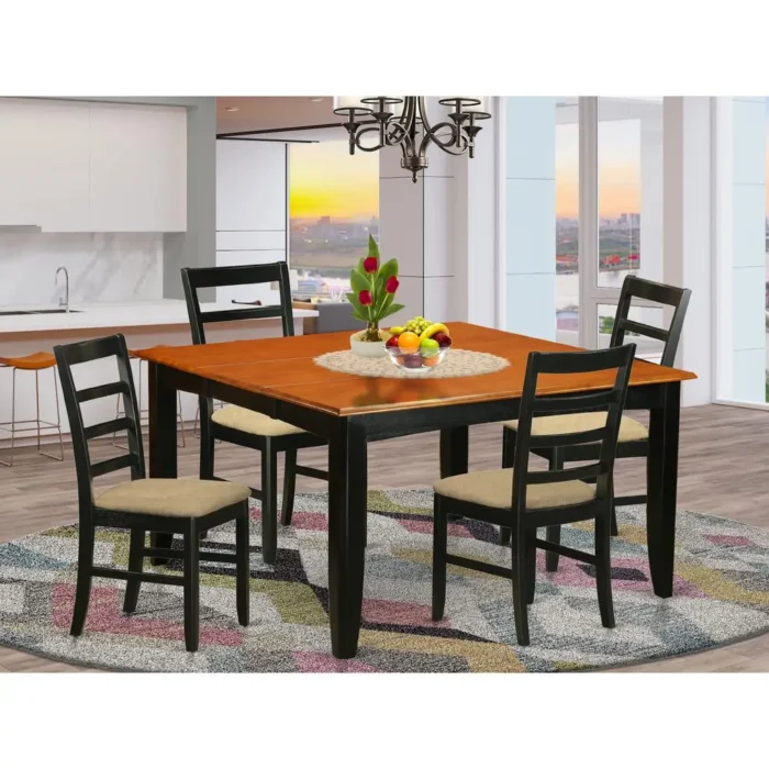 Elegant 5 Pc Dining Set - Square Table with Leaf and 4 Cushioned Chairs in Dark Black & Cherry Finish - Image 2