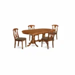 Elegant 5-Piece Saddle Brown Dining Room Set - Oval Table with Double Pedestal & 4 Cushioned Chairs
