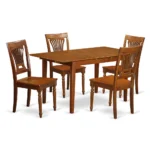 5 Piece Kitchen Dinette Set: Extendable Table with Self-Storing Leaf & 4 Dining Chairs - Saddle Brown Finish