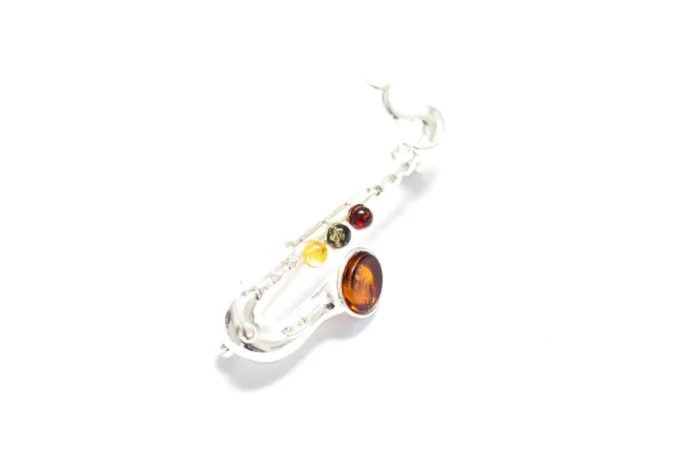 Multi Amber Saxophone Brooch | Sterling Silver & Baltic Amber - Elegant & Unique Jewelry for Music Lovers - Image 1