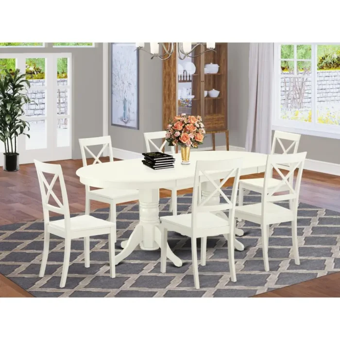 Elegant Linen White 7-Piece Dining Room Set - Oval Table with Self-Storage Butterfly Leaf & 6 X-Back Chairs - Image 2